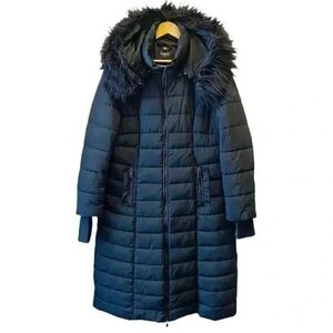 Bebe Long Quilted Winter Puffer Coat Faux Fur Trim Hood Black Size Large